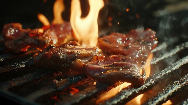 Close-up video of sizzling meat on a grill with flames in the background, capturing the essence of barbecue cooking from a low angle.