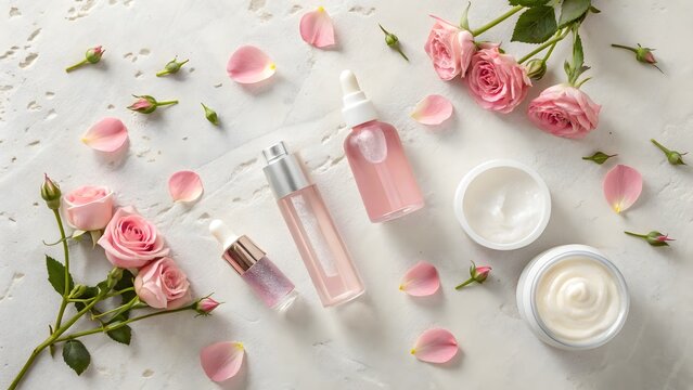 Rose infused skincare products with fresh pink roses and petals