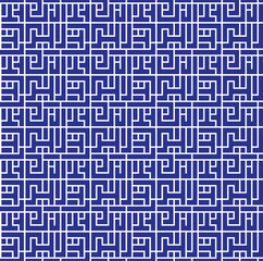 Echo themed seamless pattern with Kufic square letters arranged in clean grid using abstract modern lines