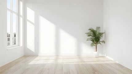 Minimalist bright empty room with wooden floor, large window light, and potted plant interior design concept with natural sunlight and modern clean architecture