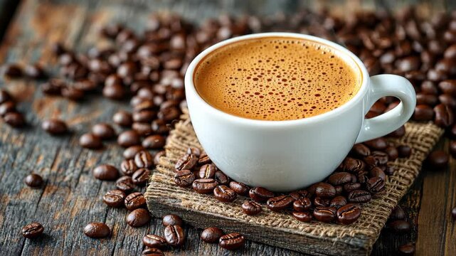 Coffee Delight: A close-up shot showcases a steaming cup of coffee, resting elegantly amidst a scattering of roasted coffee beans, perfect for your food and beverage needs.