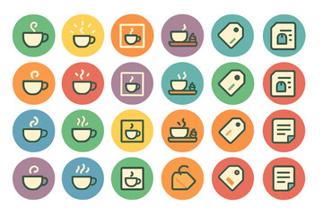 Fototapeta premium Coffee cup icons in various styles and colors showcase beverage variety and design trends for branding purposes