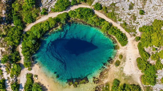 Aerial capture of Eye of the Earth Cetina Source Glavas Dinara Nature Park Croatia summer