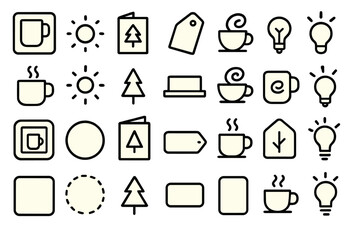 Fototapeta premium Creative coffee-themed doodles featuring cups, trees, light bulbs, and tags in a minimalist style