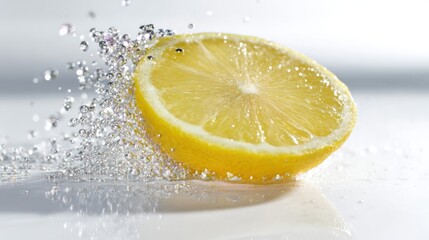 Bright macro shot of lemon slice splashing in sparkling water with suspended bubbles and clear details.