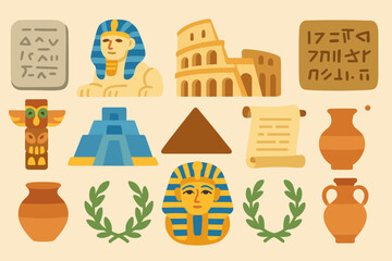 Naklejka premium Ancient civilizations icon set: flat collection of pyramids, scrolls, and artifacts