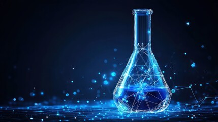 Blue liquid in Erlenmeyer flask, glowing particles background, lab science research