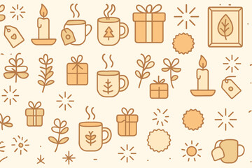 Warm and cozy autumn-themed illustration featuring mugs, gifts, and leaves for seasonal decor and celebration