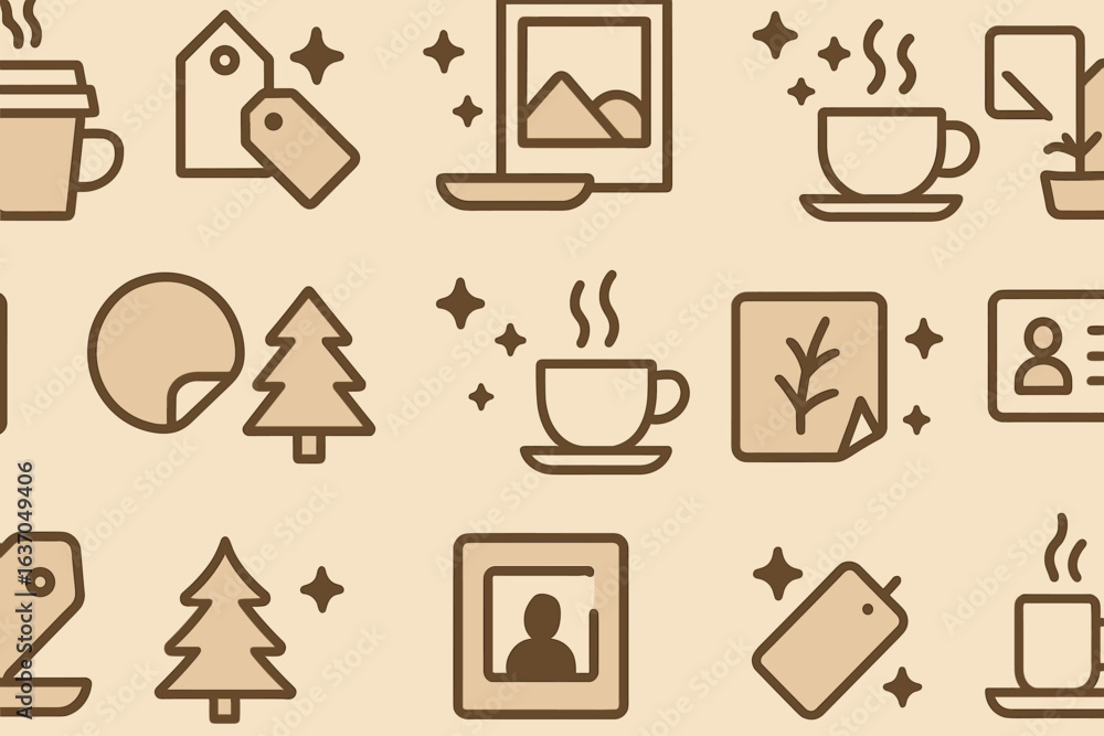 Poster Unique collection of minimalist coffee-themed icons and design elements on a seamless beige background showcasing various objects