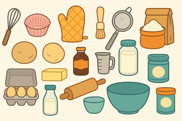 Baking essentials flat icon set. ingredients, kitchen tools in flat design collection