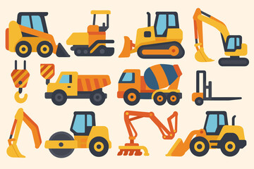 Construction equipment flat icon set. heavy machinery, tools, vehicles, industrial icons