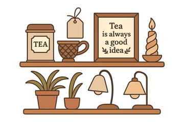 Decorative shelf display with tea-themed items and plants in a cozy setting