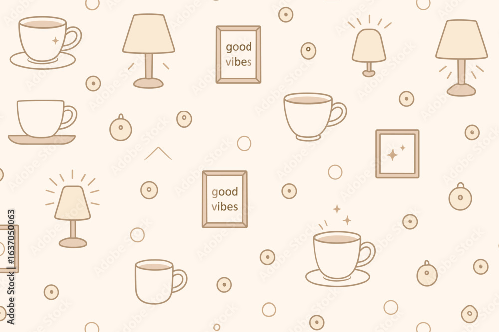 Poster pattern featuring cozy elements like cups, lamps, and frames with a 'good vibes' theme in soft tones