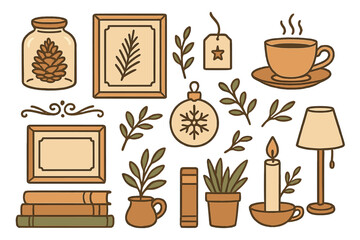 Cozy autumn decor elements featuring warm colors and natural themes, perfect for a seasonal home arrangement