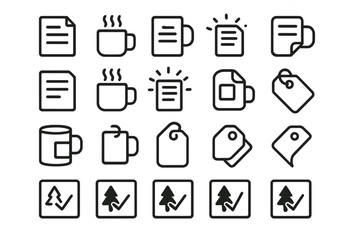 Minimalist black line icons set with coffee mugs, documents, tags, and eco checkmarks on dark gradient background