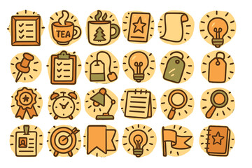 Hand-drawn icons representing organization, creativity, and seasonal themes with a warm palette and playful style