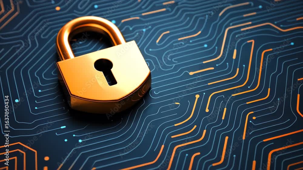 Poster cybersecurity sentinel: a gleaming padlock rests securely atop a digital circuit board, symbolizing 