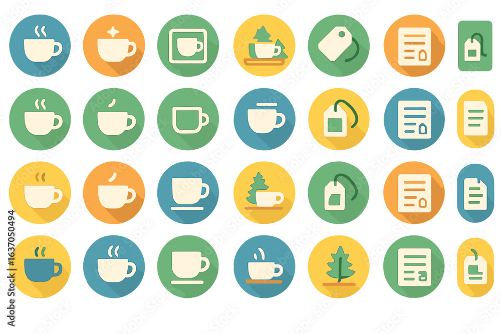 Poster collection of colorful cup icons representing various beverage types and related items in a modern d