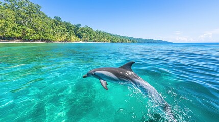 Obraz premium Latin America, Honduras, Bay Islands Department, Roatan, Caribbean Sea, View of bottlenose dolphin jumping in seawater