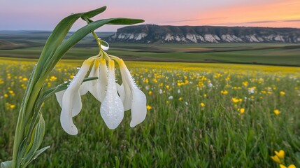 Dew-Kissed White Flower in Vibrant Meadow Sunrise Landscape