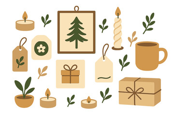 Decorative elements featuring candles, plants, gift boxes, and a cup in a cozy, natural setting for winter season