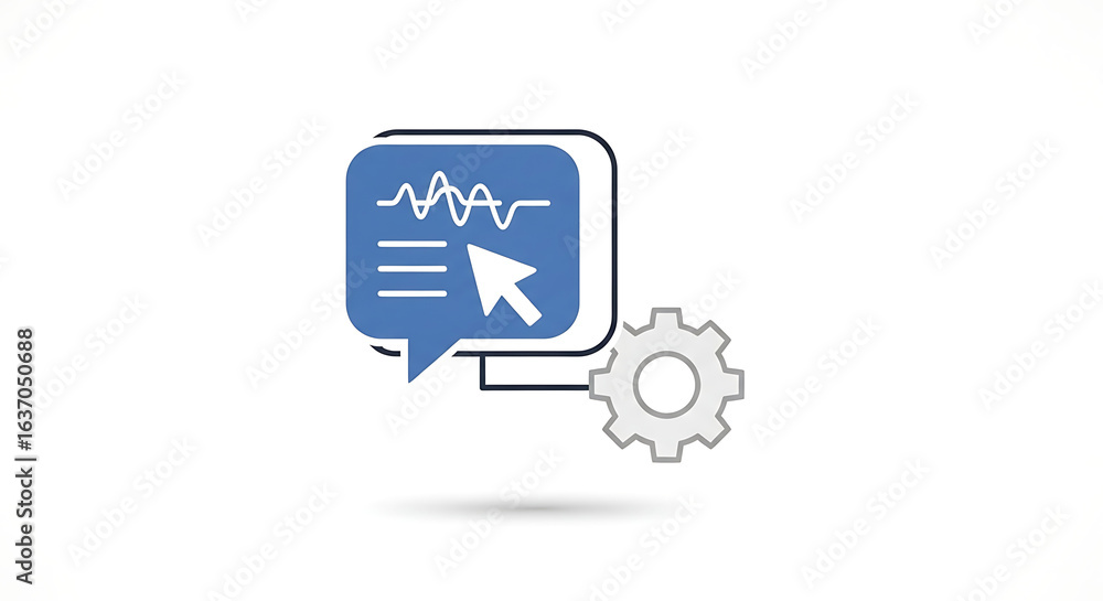 Aufkleber blue speech bubble with graph, cursor and lines next to a gray gear on a white background flat vecto