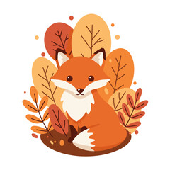 Little fox sitting among colorful leaves in autumn setting, transparent background, isolated, vector  