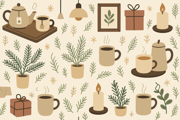 Warm and cozy home decor featuring plants, tea, and candles in a soothing color palette