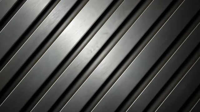 Metallic Diagonal Textures: A close-up view showcasing intricate geometric patterns formed by parallel lines of metallic material, casting shadows and reflecting light across the surface. 