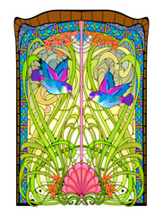 Drawing of colorful Art Nouveau stained glass window with beautiful birds. Template for exclusive luxury interior. Design for wallpaper or decoration. Architecture in Western Europe. Hand drawn vector