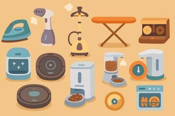 Home appliances flat icon set. explore housework, cleaning icons collection