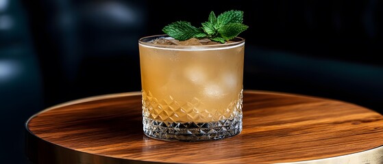 Refreshing Iced Cocktail Drink in Crystal Glass on Wooden Table