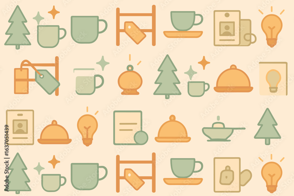 Poster colorful pattern of various objects including trees, cups, and lightbulbs creating a playful design 