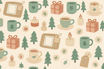 Cozy winter-themed patterns featuring mugs, trees, candles, and gifts in soft colors