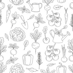 fresh garden vegetables seamless pattern line art design for packaging