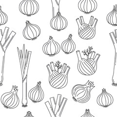 fresh fennel onion and leek line art seamless pattern for culinary designs