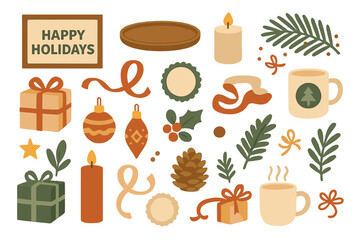 Festive holiday decorations and items created in a charming, minimalist style featuring gifts, candles, and seasonal symbols