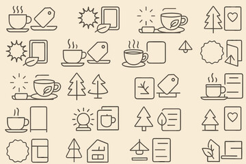 Fototapeta premium Background pattern featuring various tea and coffee icons with nature elements created in a minimalist style