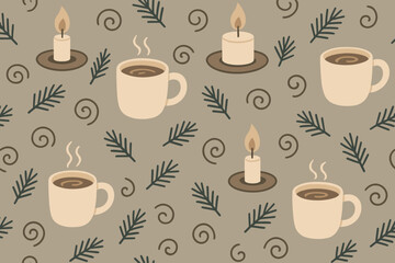 Obraz premium Cozy hot beverage pattern featuring steaming mugs and candles on a soothing background