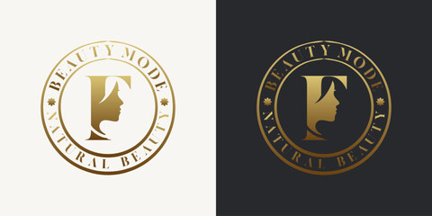 Naklejka premium Elegant letter F logo featuring a woman's face silhouette in a gold gradient circular badge design. Ideal for beauty, fashion, skincare, and luxury branding.