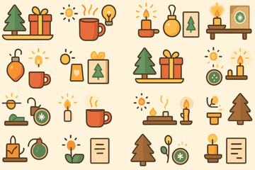 Colorful holiday-themed icons featuring gifts, candles, and winter elements set against a light background