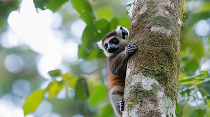 Lemur catta climbing a tree in the wild