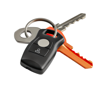 A black key fob and orange key, connected by a metal ring