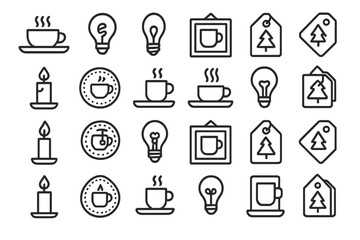 Creative line art collection featuring coffee cups, candles, light bulbs, and holiday tags in minimalist style