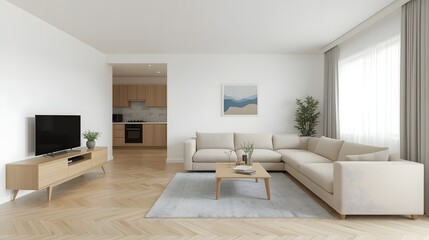 Fototapeta premium Modern bright living room interior with beige sofa, wooden coffee table, flat-screen TV, and open kitchen design, decorated with minimalist furniture and natural light ambiance