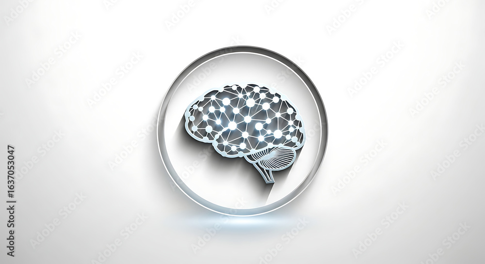 Poster a stylized brain icon with connected nodes inside a translucent circle on a white background ai gene