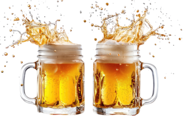 Two glasses of light-colored beer with large, bubbly splashes