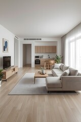 Fototapeta premium Modern bright living room interior with beige sofa, wooden coffee table, flat-screen TV, and open kitchen design, decorated with minimalist furniture and natural light ambiance