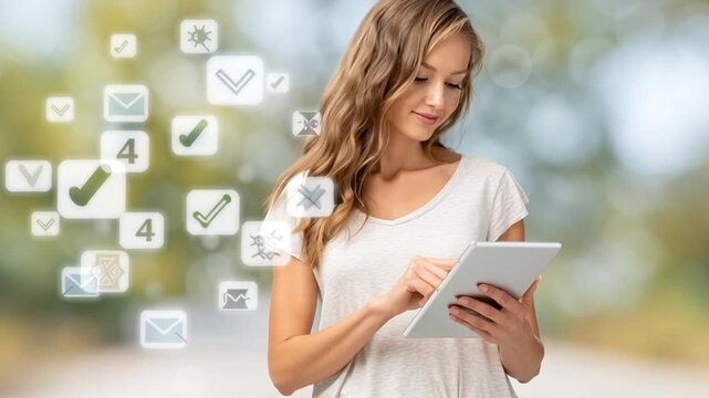 Woman Using Digital Planner to Check Off Remote Q4 Tasks and Items with a Smile in a Bright Outdoor Setting