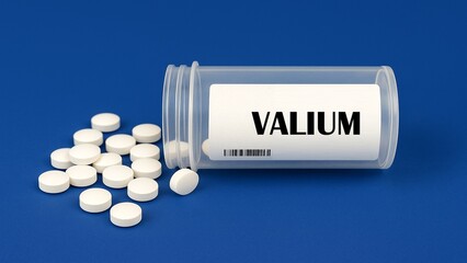 Box of Valium tranquilizer tablets placed on a clinical pharmacy table	
